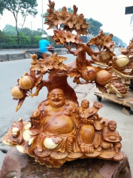 Di Lặc ngồi gốc đào - Gõ Hương - 82cm x 62cm x 34cm