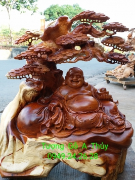 Di Lạc ngồi gốc tùng.  Gỗ hương việt,  kt 66cm 56cm 38cm 