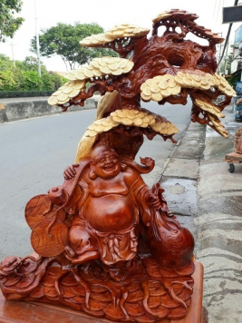 Di Lặc kéo bao tiền - Gỗ hương - 86cm x 60cm x 28cm