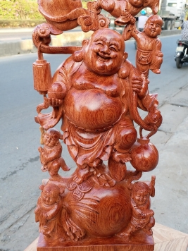 Di lạc  ngũ phúc đứng bao tiền gỗ hương .  đá . kt 64cm 26cm 12cm